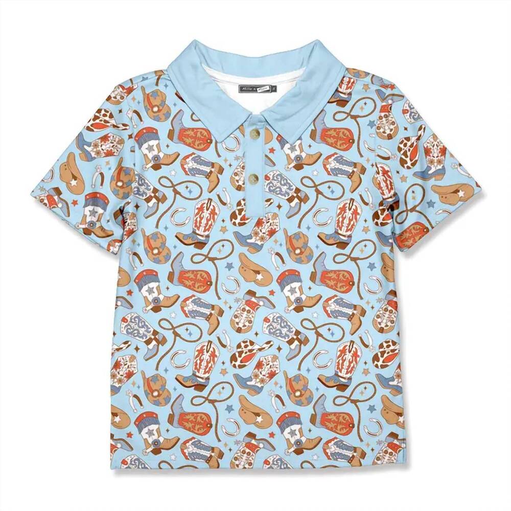 NEW MILLIE LOVES LILY boys' western howdy boots polo in light blue